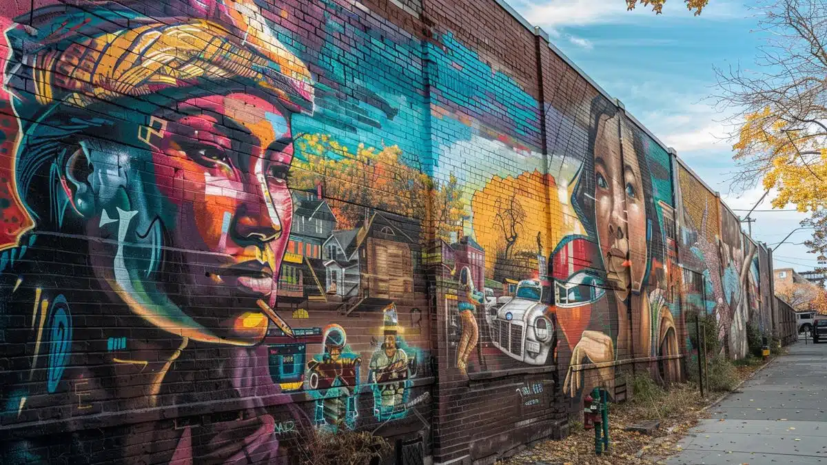 Street art murals depicting the history and values of the community.