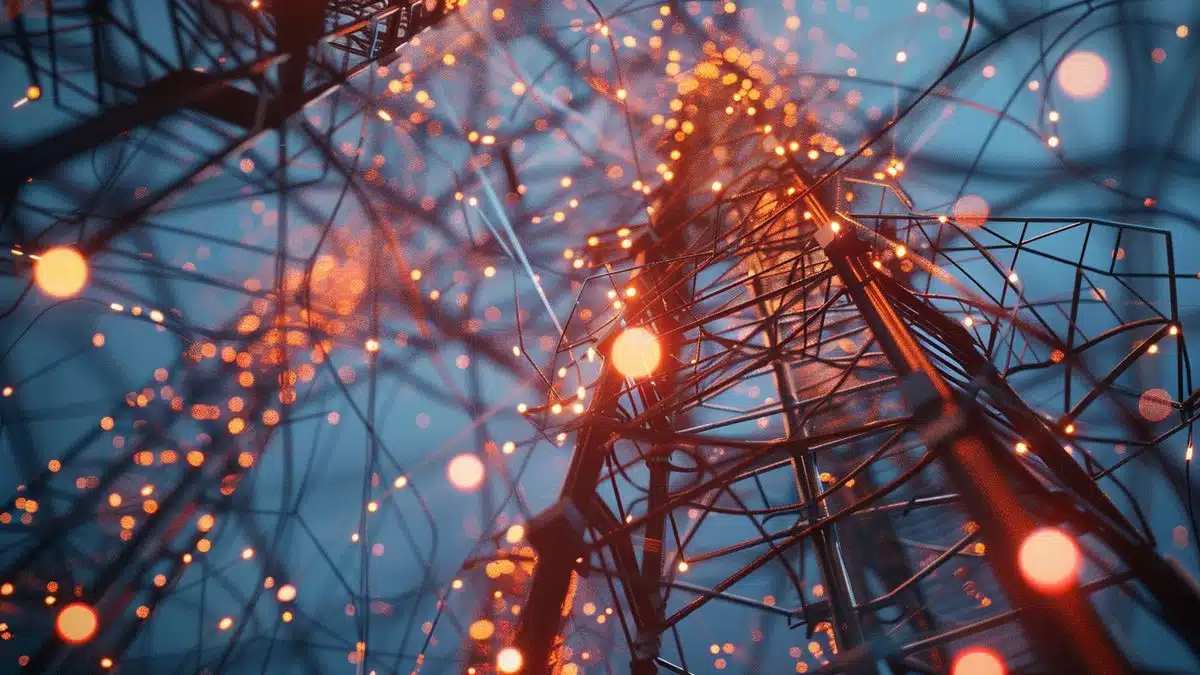 A network of interconnected communication towers symbolizing Orange's commitment to innovation.