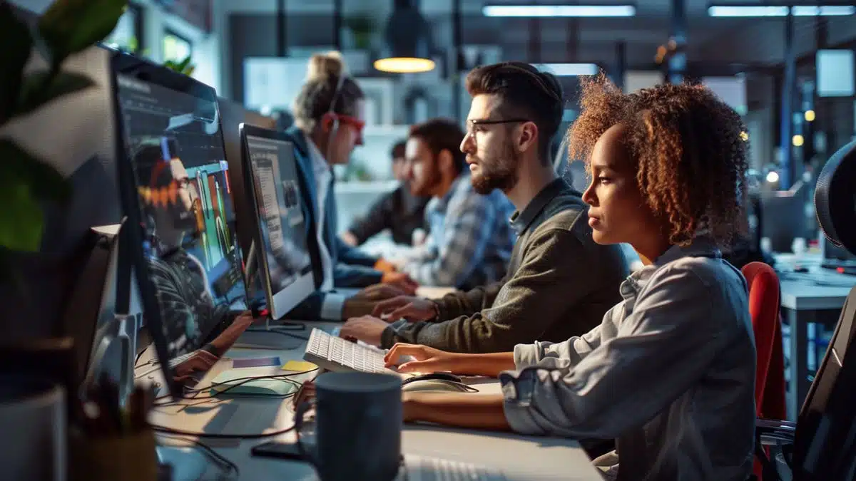 Wide shot of multiple developers using eBPF in a tech workspace