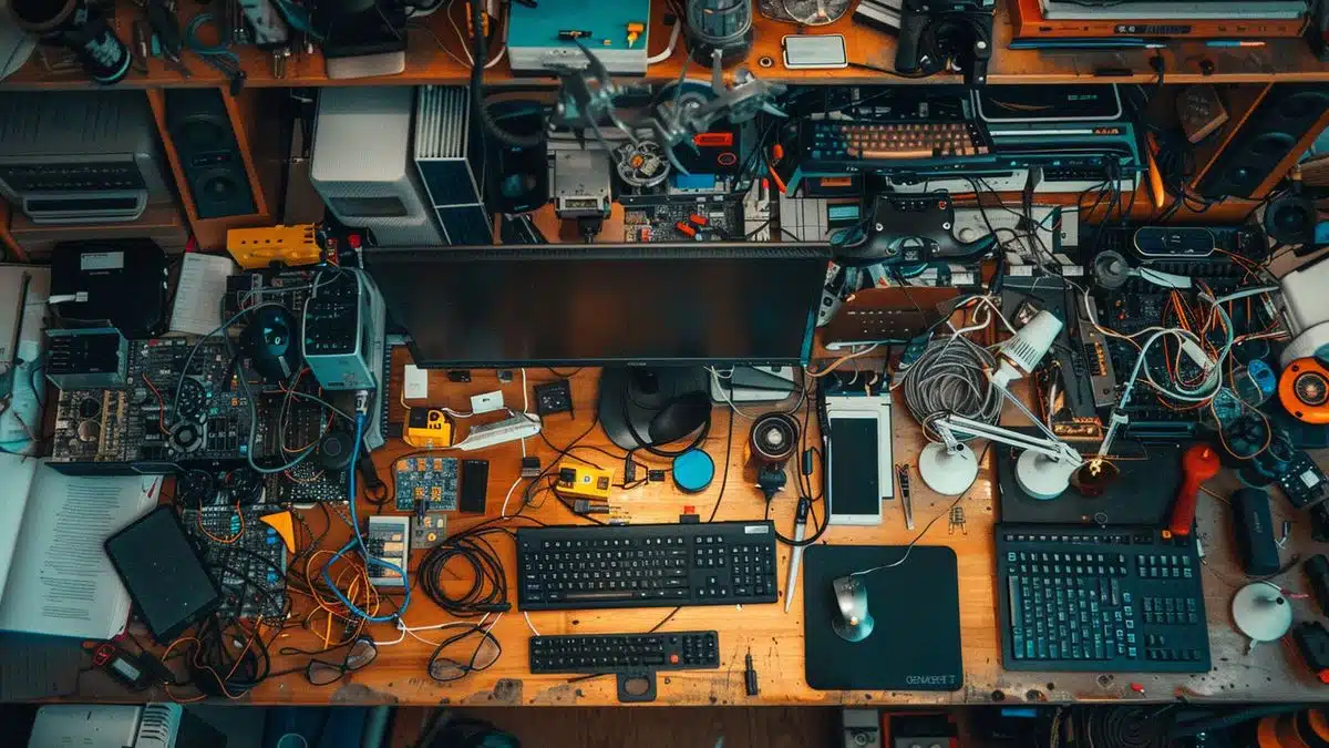 Top view of a desktop cluttered with different Linux distributions and tools.