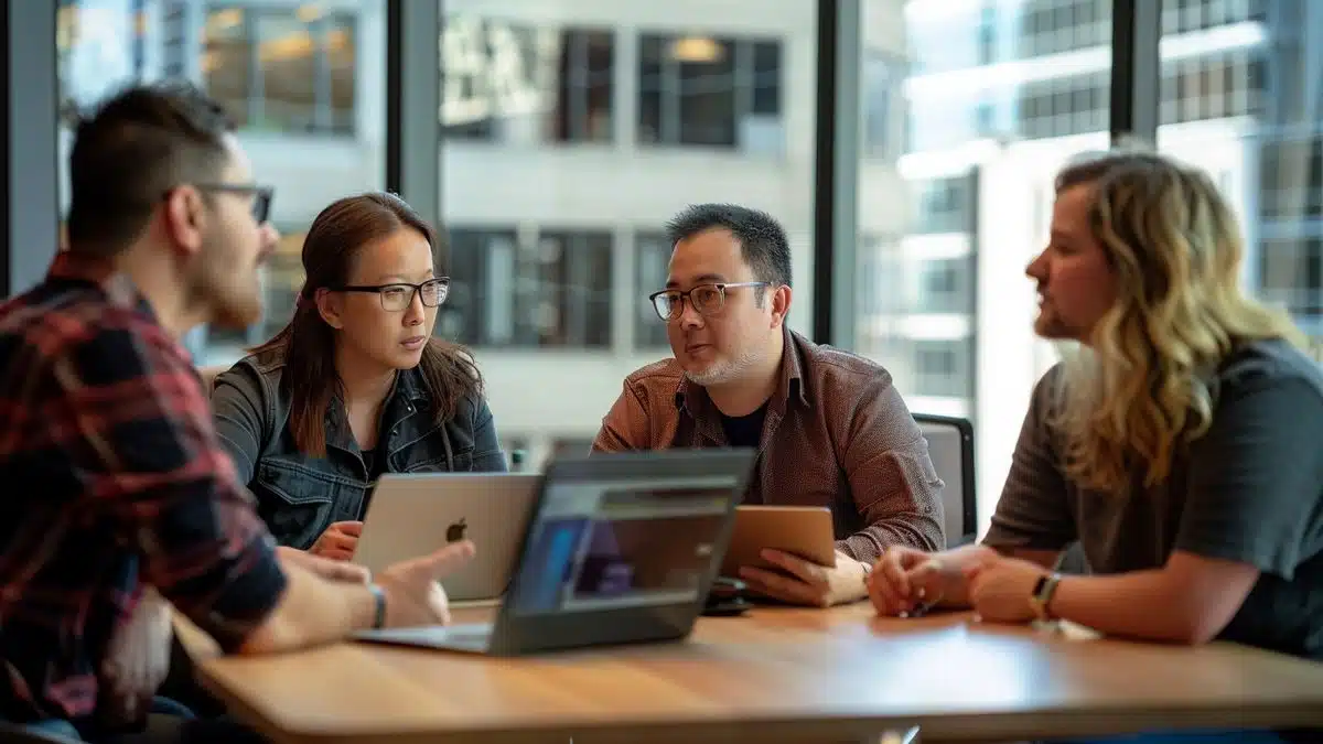 A group of techsavvy individuals discussing the benefits of LINUX.