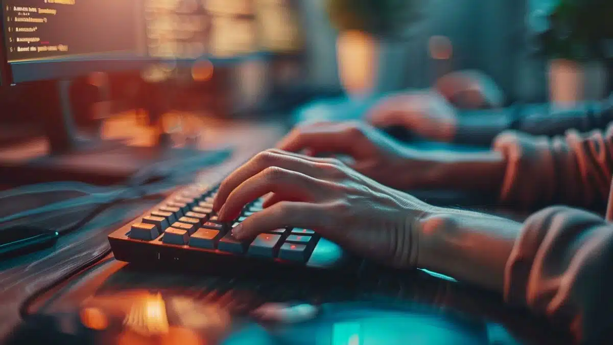 Hands typing on a keyboard to set up remote port redirection.