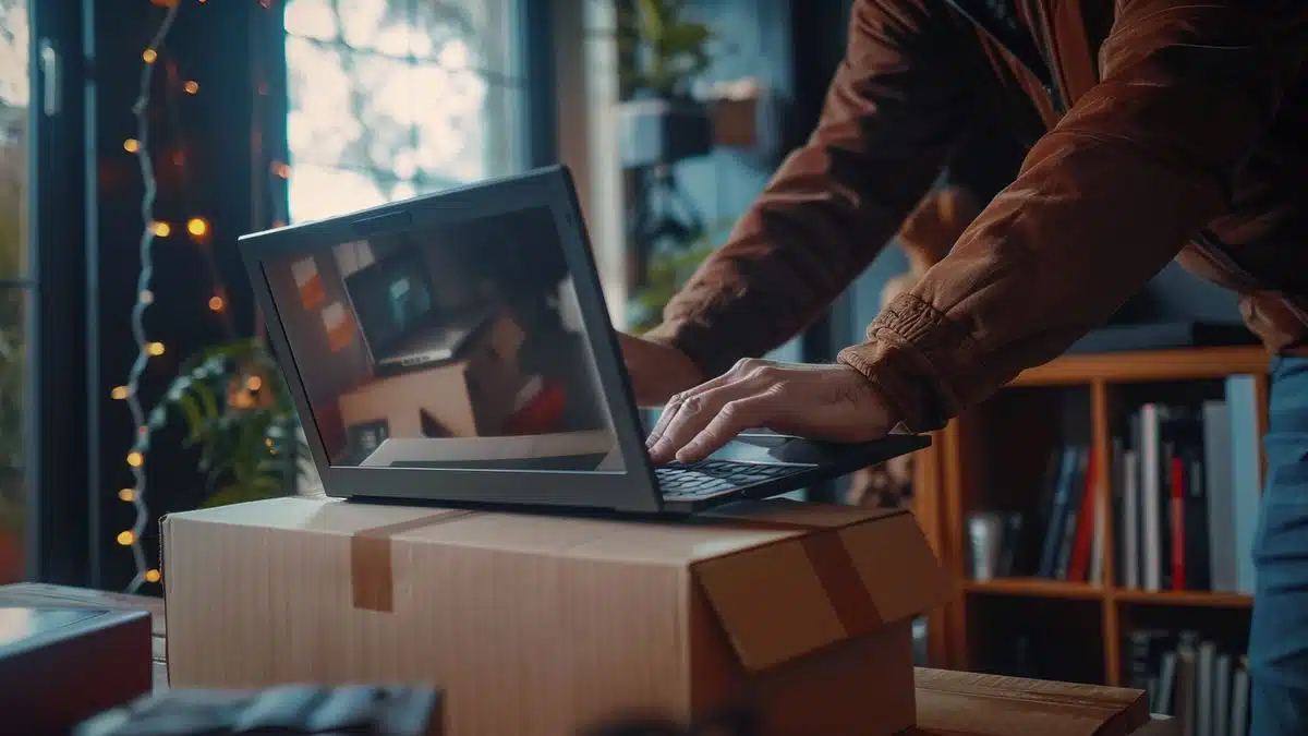 A person eagerly unboxing the first Snapdragon X Elite laptop powered by Linux.