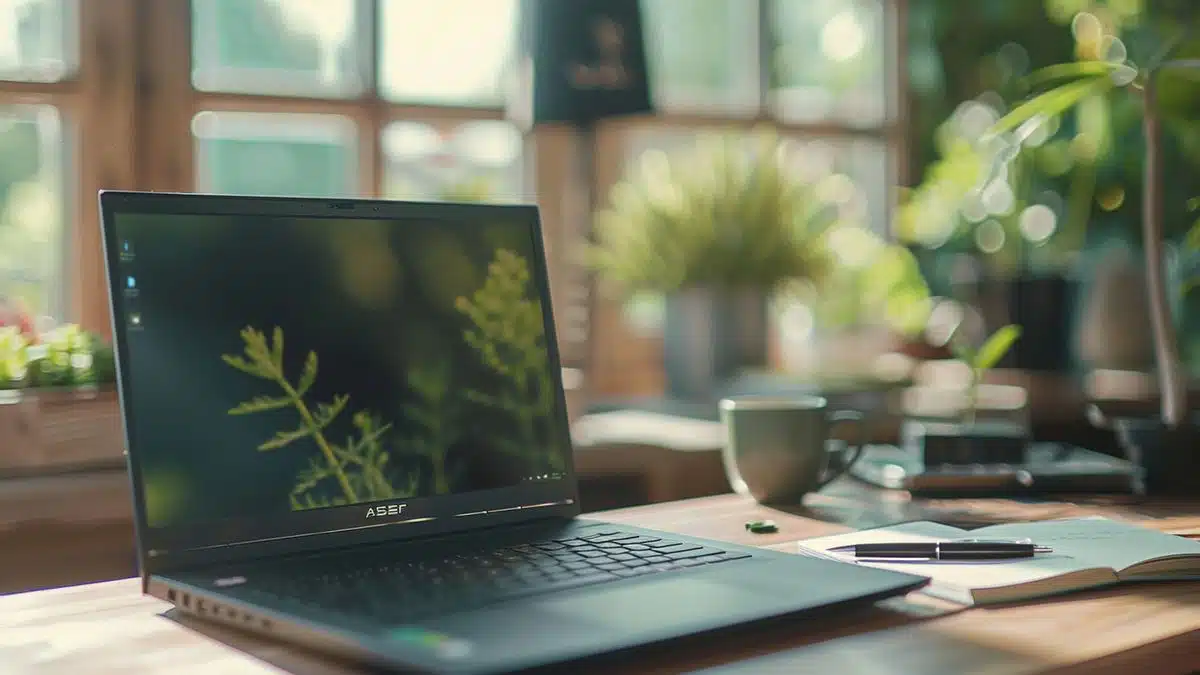 Acer Aspire on a student's desk with notebooks and a pen.