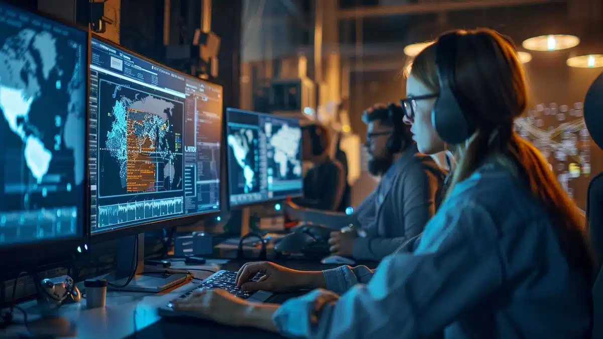 Team members working on different platforms with Unreal Engine on multiple screens.