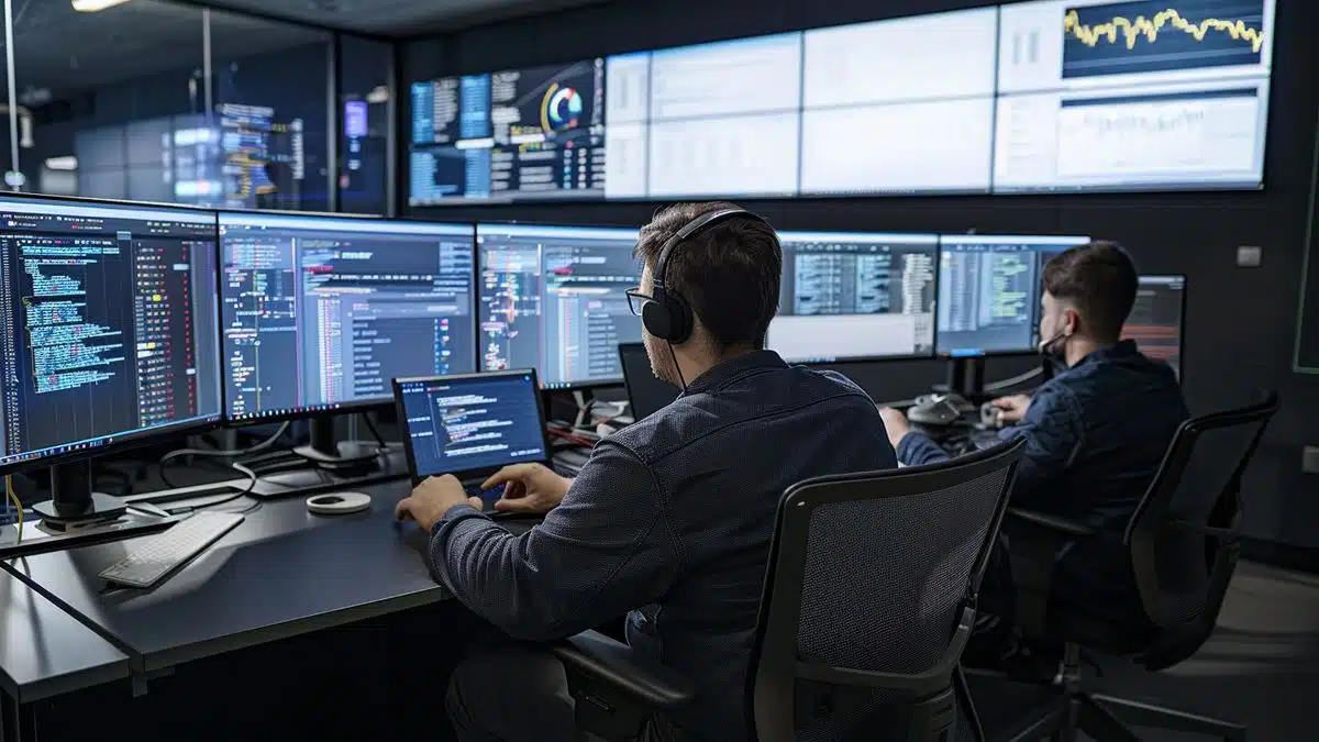 Engineers analyzing code on multiple screens in a hightech Microsoft Azure testing lab.