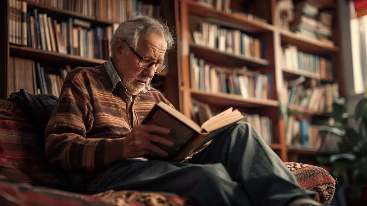 Senior reading a new book in a quiet library.