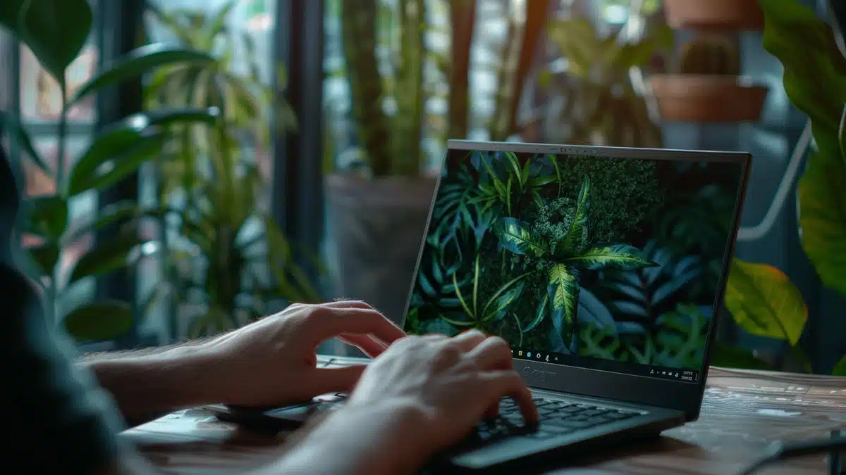 User typing on a laptop, Linux Mint logo on screen.