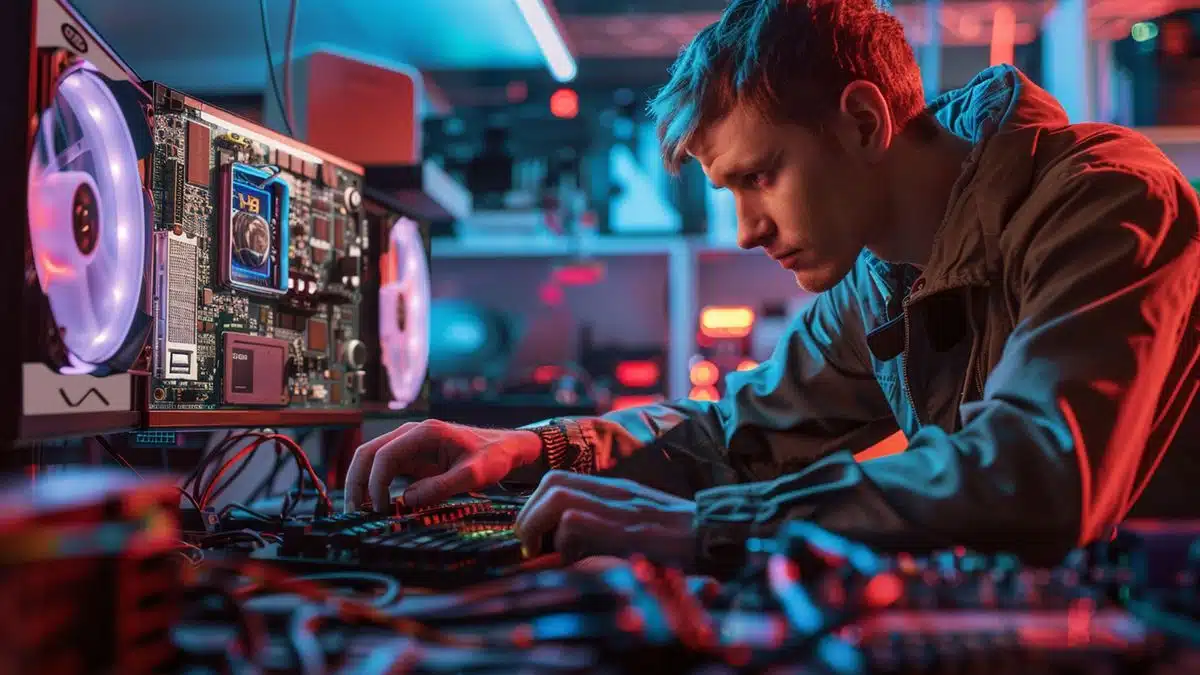 Technician configuring RAUC settings within the Eclipse hawkBit framework, surrounded by hardware components.