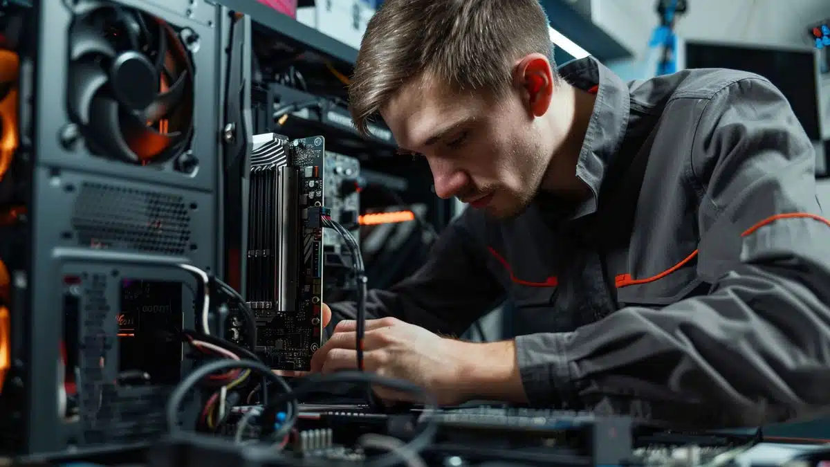 Technician installing a SoC in a workstation.