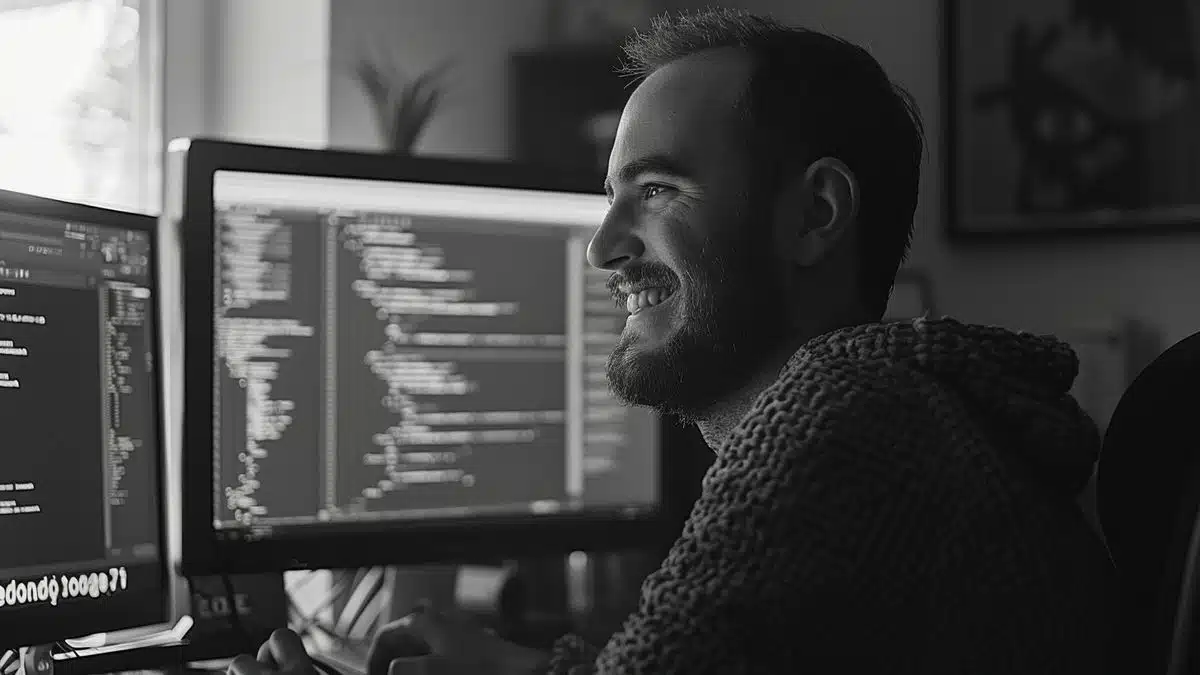 Developer smiling at screen, coding with new ultracompact containers.