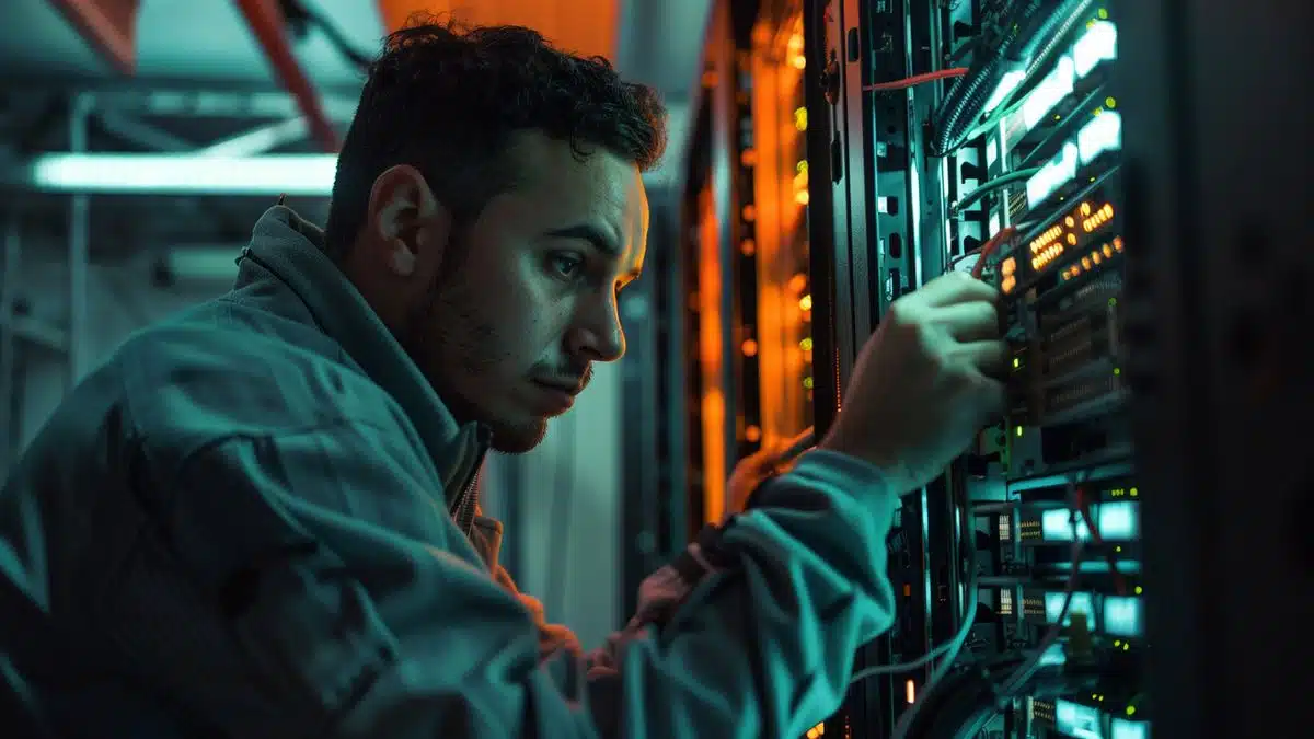 IT specialist examining a server rack with concern.