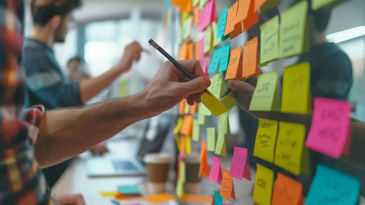 Closeup of hands writing ideas on sticky notes during a meeting.