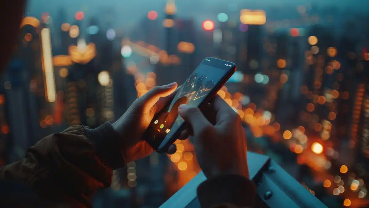 Closeup of hands texting on a smartphone with a cityscape in the background.