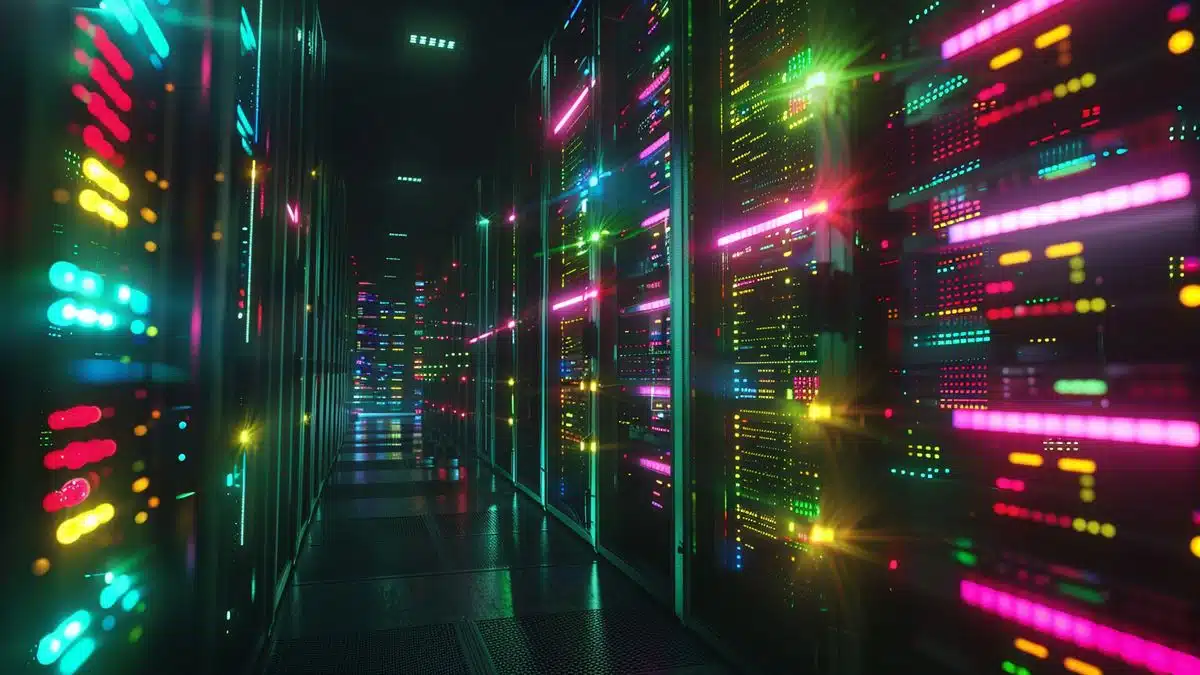 Rows of server racks with blinking lights in a hightech data center.