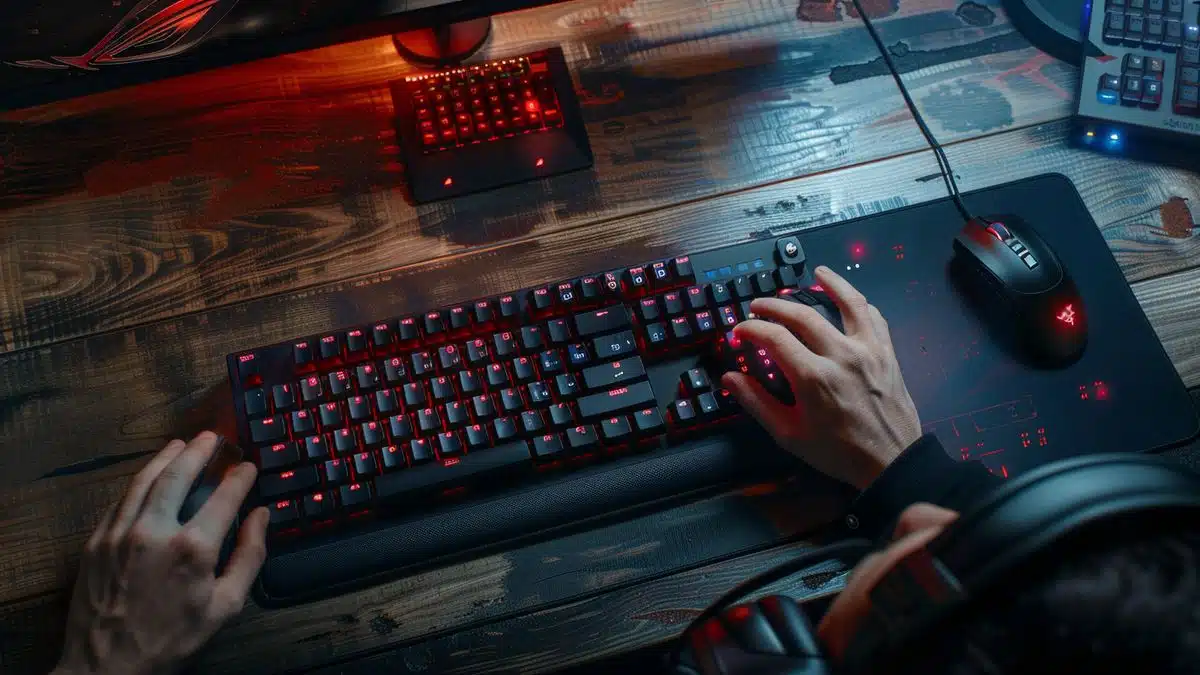 Gamer's hands on keyboard and mouse, screen showing graphics settings menu.