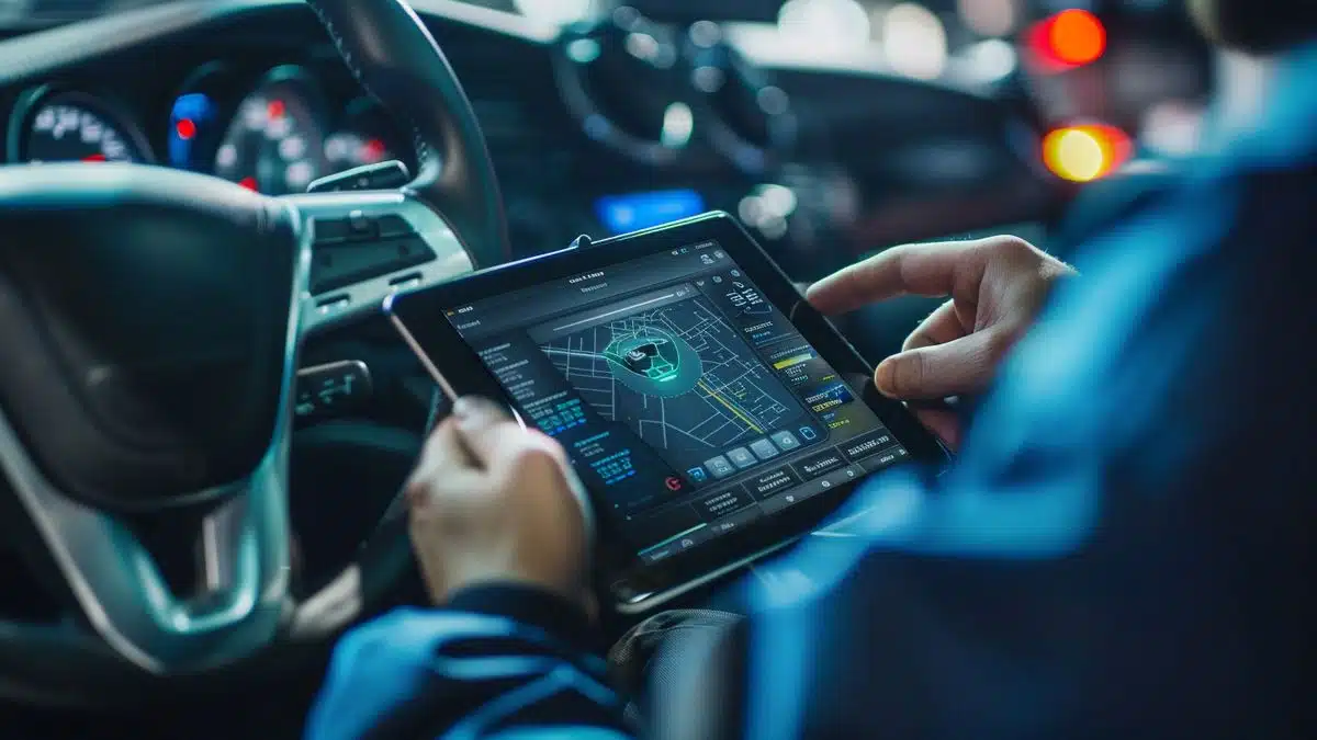 Technician adjusting vehicle software settings on a digital tablet.