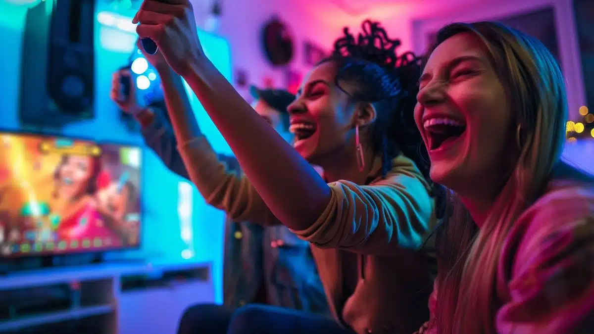 Friends cheering and playing games together in a vibrant, techfilled room.