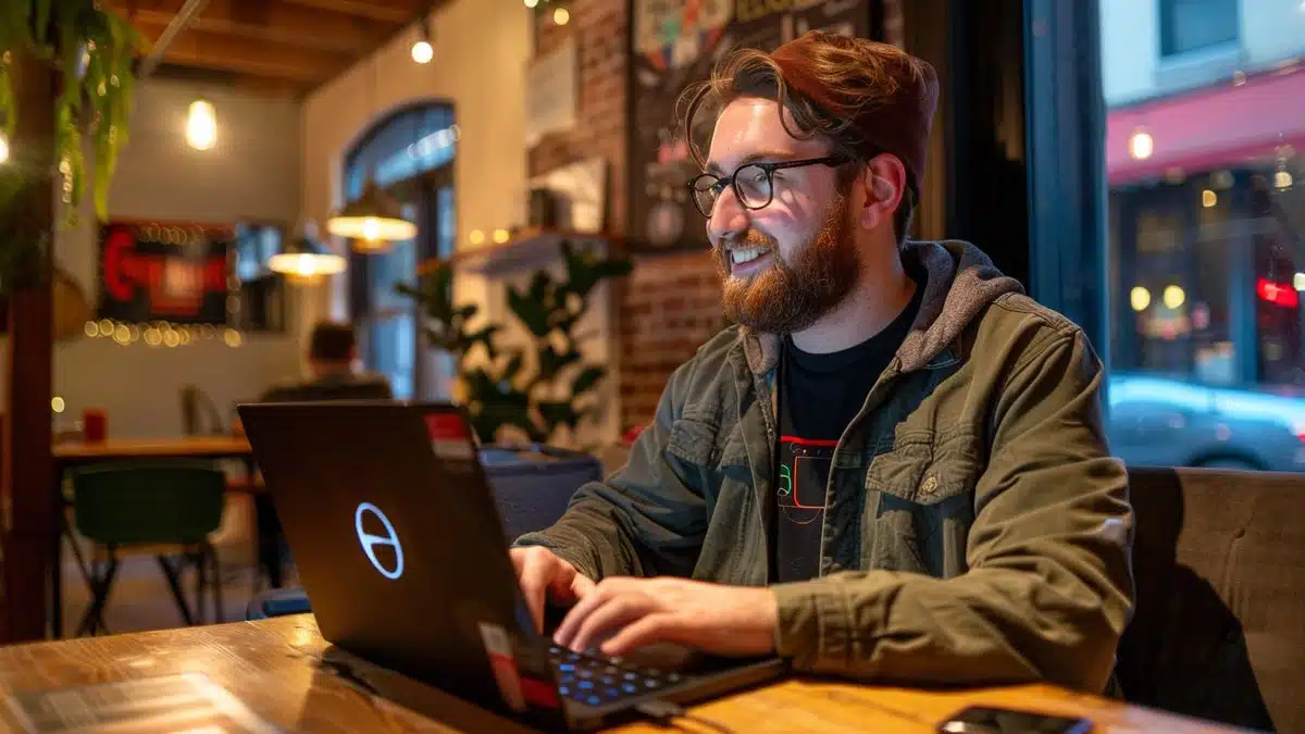 Man using Linux Lite on an old laptop, smiling.