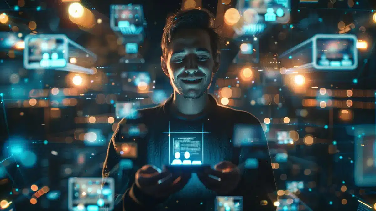 User smiling, holding connected Android and Linux devices together.